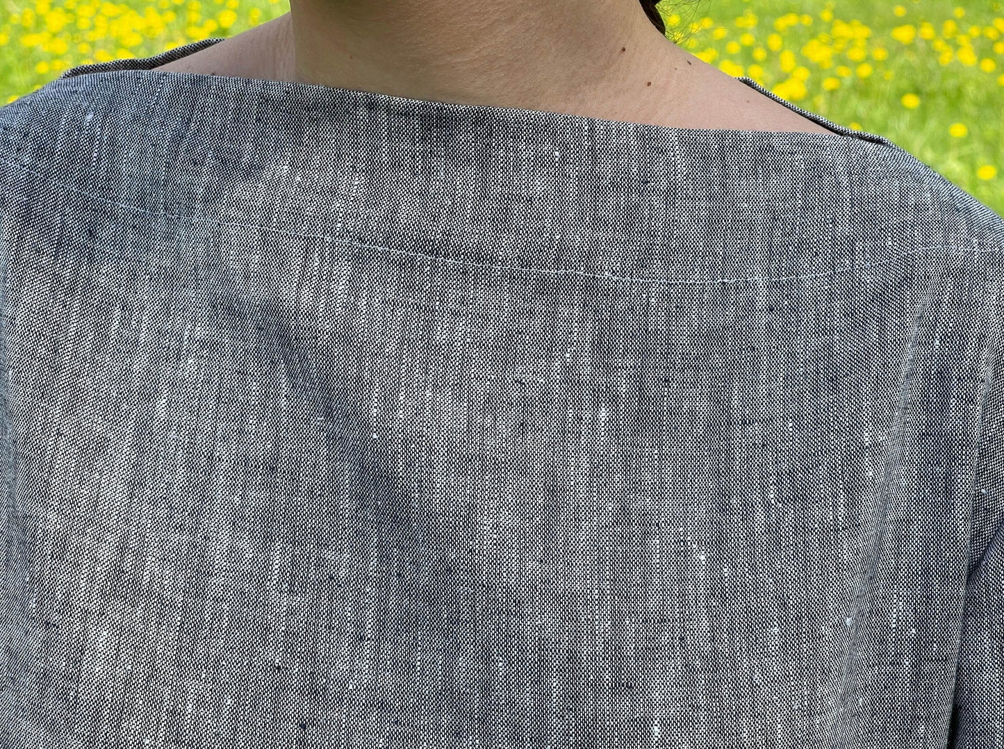 Custom-fit melange gray linen tunic dress, designed for elegance and ease.