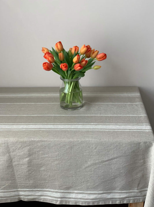 Lush Beige Striped Tablecloth in a Dining Scene