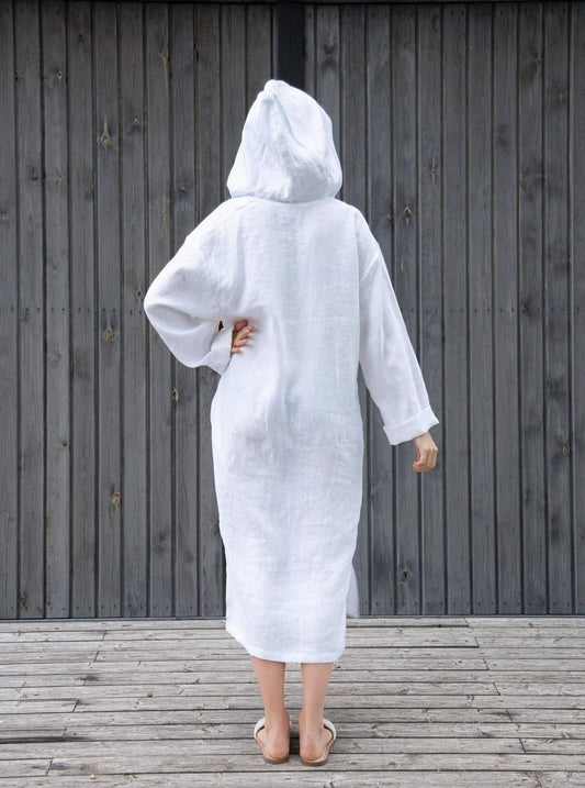 Front view of open-neck linen kaftan dress