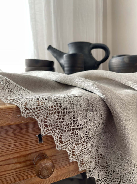 Natural Linen Tablecloth with Lace Detailing
