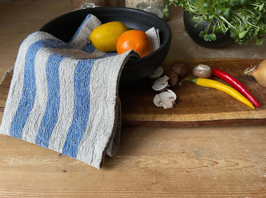 Sky Blue Striped Linen Kitchen Towel