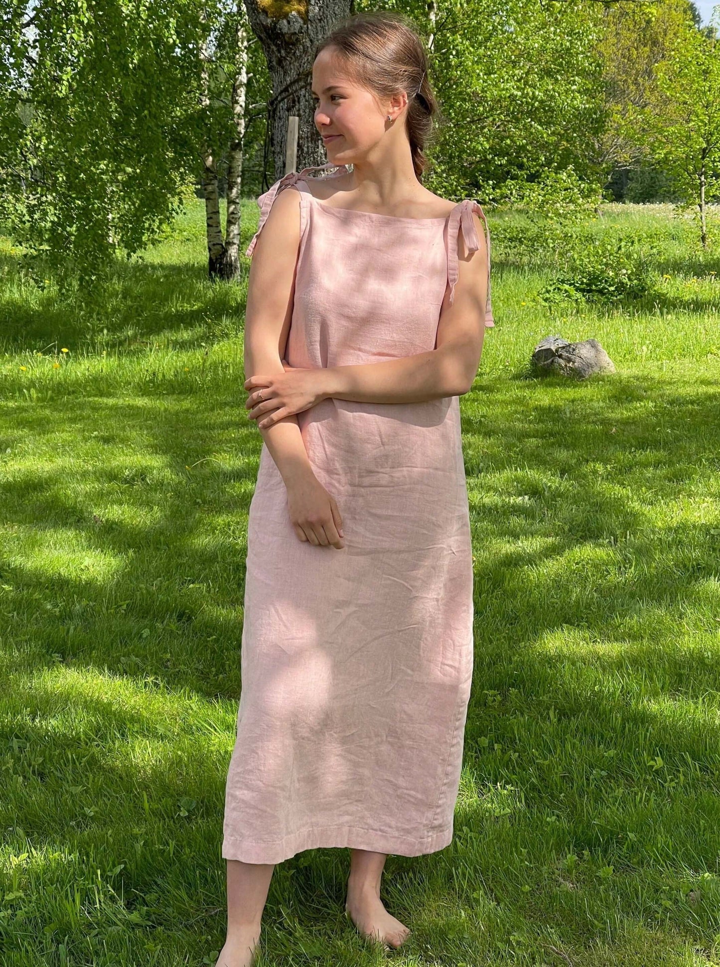 Elegant salmon linen nightgown for restful sleep