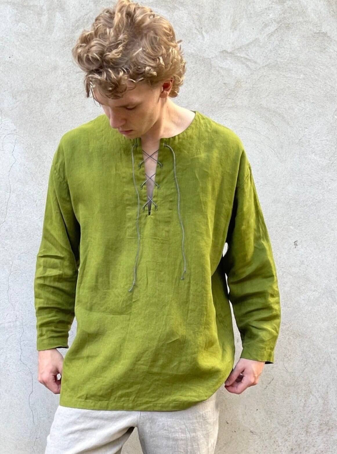 Moss green linen men's shirt showcasing casual elegance