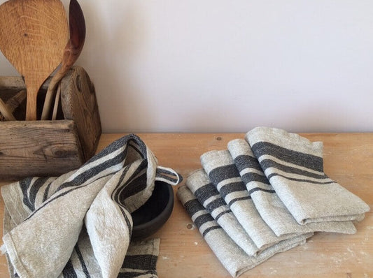 Handcrafted linen kitchen towel with black stripes
