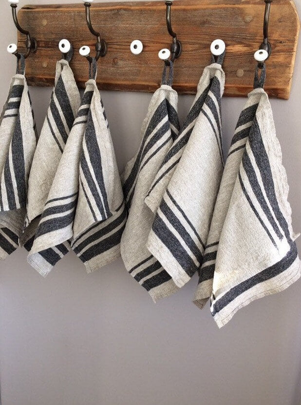 Elegant black striped dish towel in natural linen