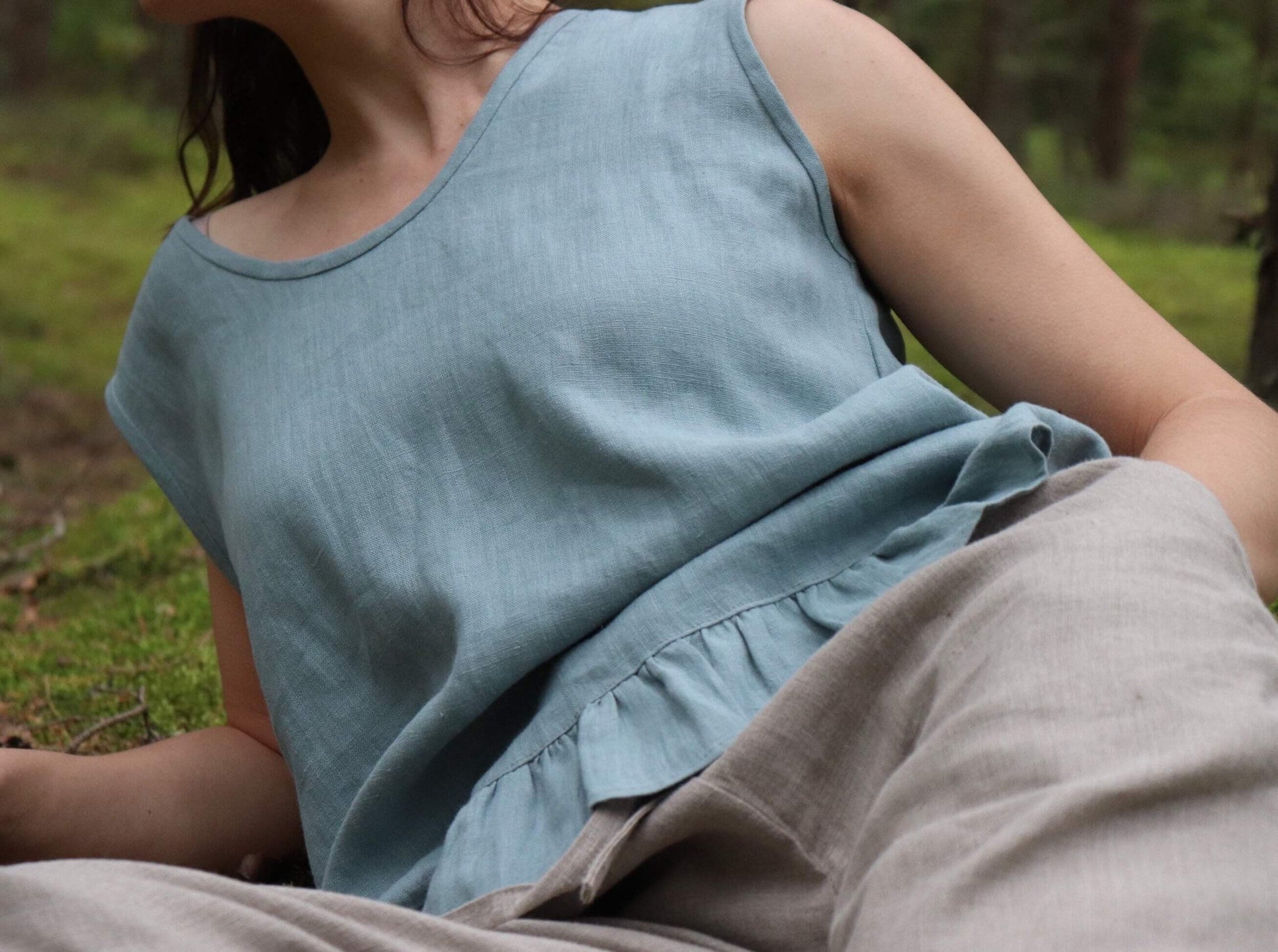 Frilled linen top close-up