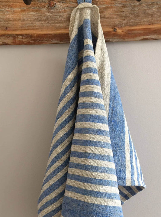 Close-up of sky blue striped linen towel texture