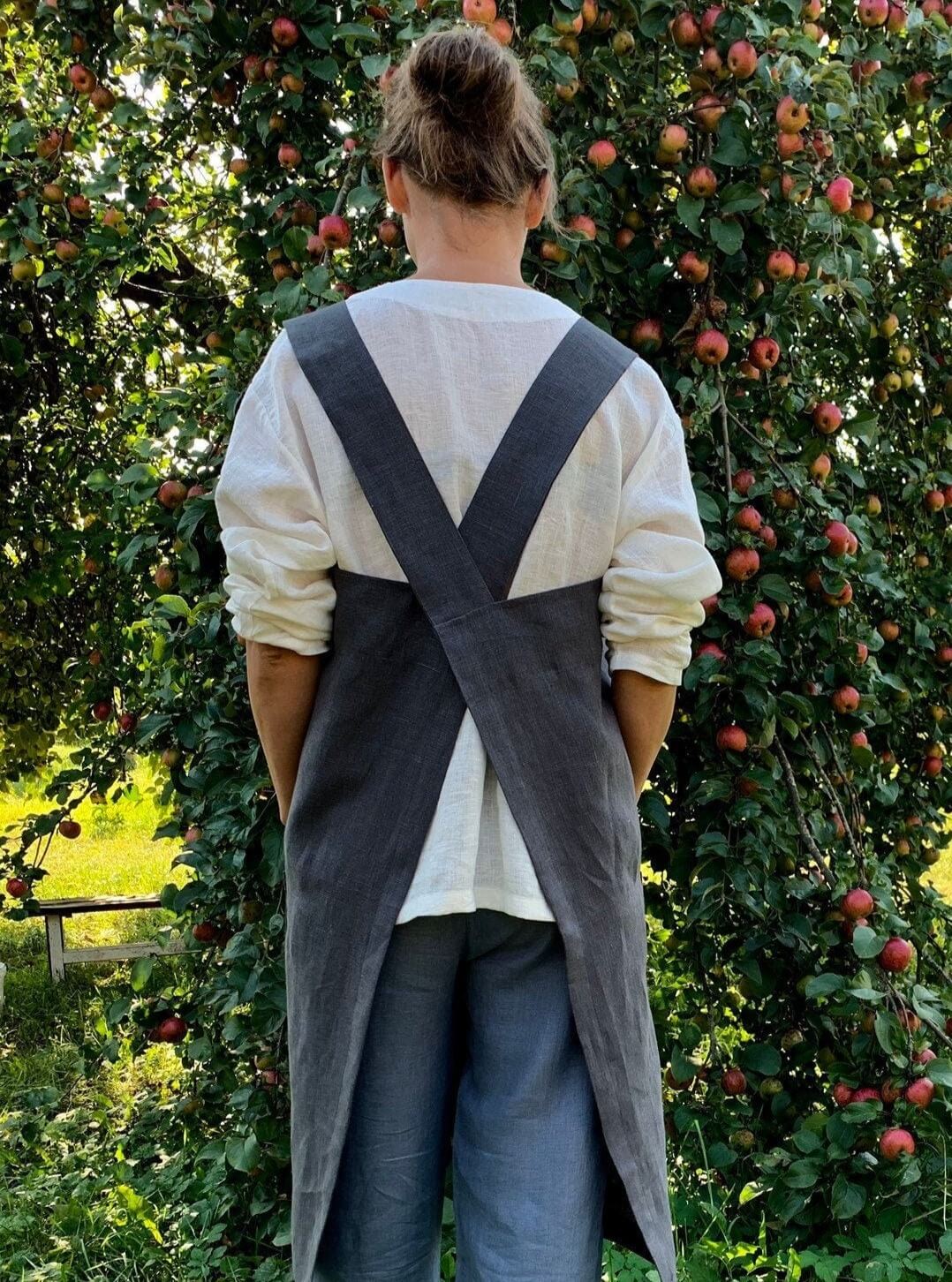 Handcrafted dark linen cross back apron for creatives and chefs