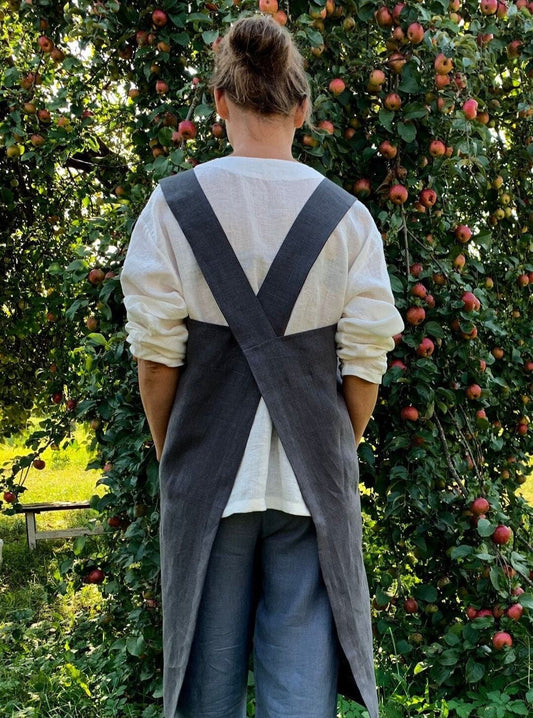 Handcrafted dark linen cross back apron for creatives and chefs