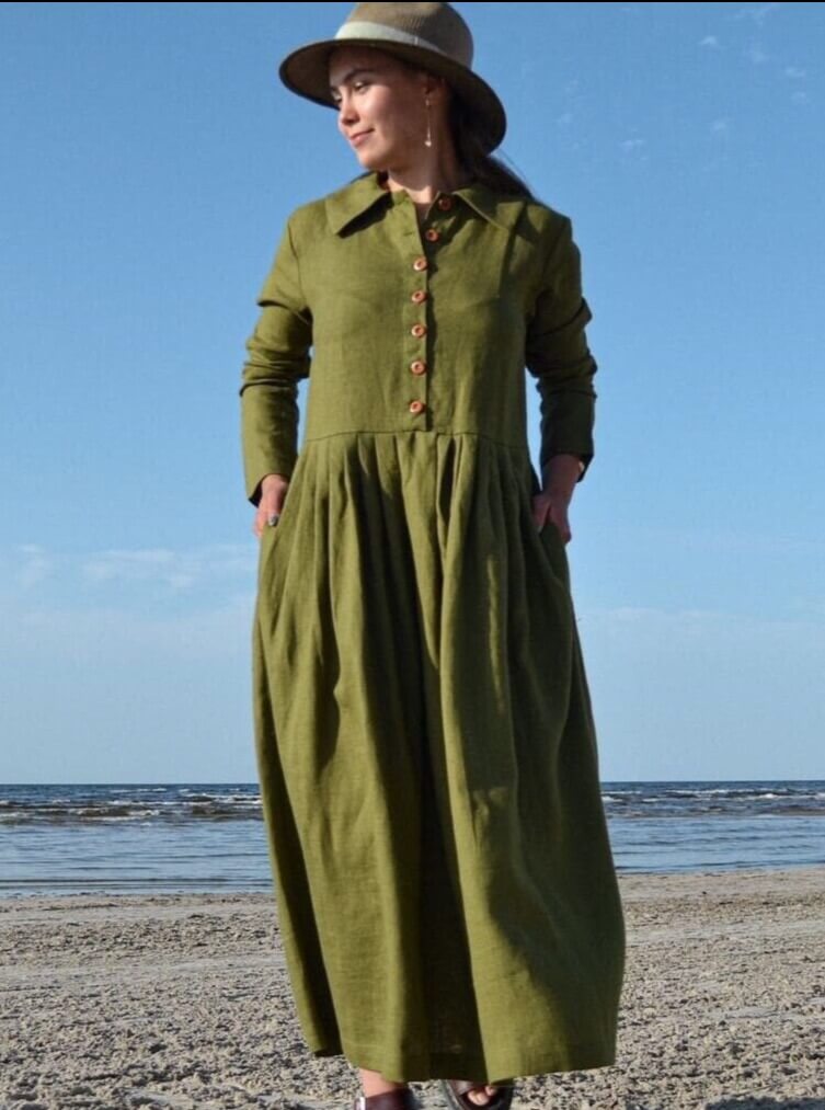 Victorian Moss Green Linen Maxi Dress with Pockets | LinenStars Victorian Moss Green Linen Maxi Dress with Pockets | LinenStars