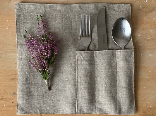 Rustic linen cutlery holder handcrafted for dining elegance