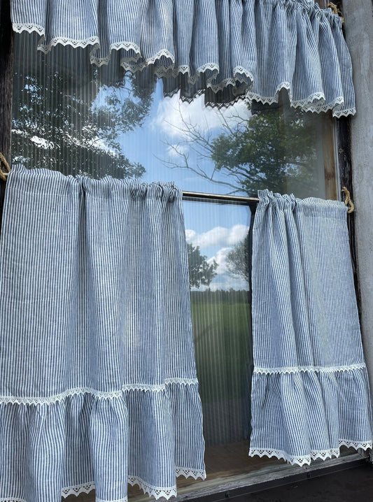 Caffe Curtain with Ruffle, Caffe Curtains with Lace Edge, French Country Style Caffe Curtains, Blue and Milky White Stripes Linen Curtain