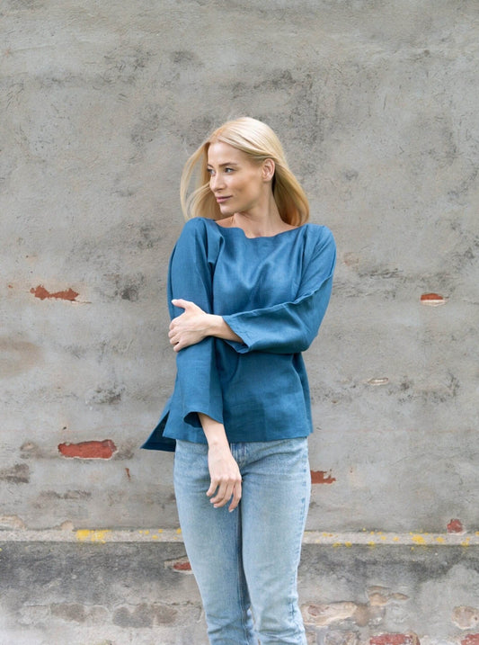 Front view of linen boat neck shirt with 3/4 sleeves