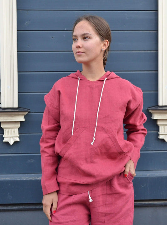 raspberry_red_linen_hoodie_front_view