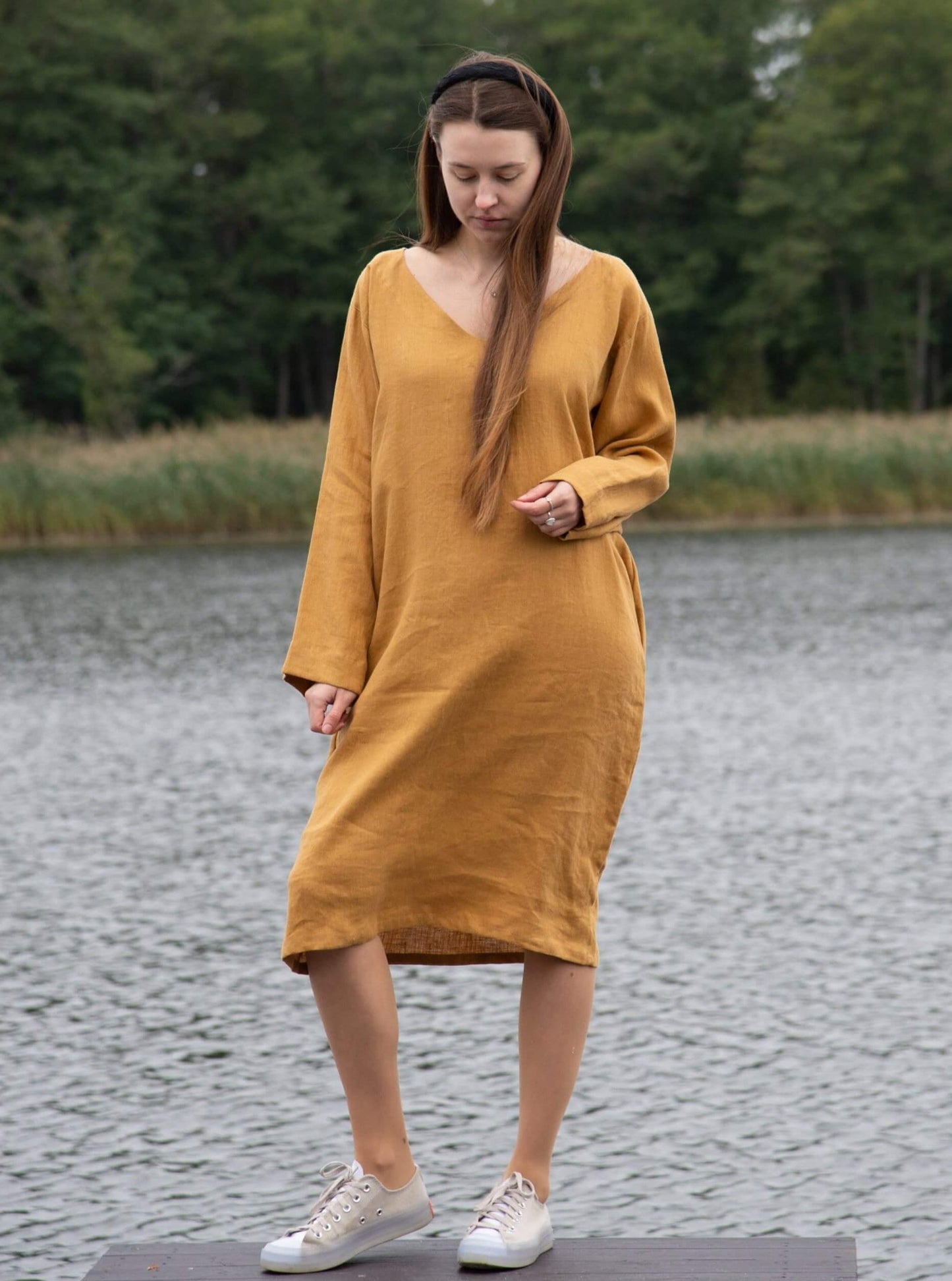 Close-up of side pockets on linen tunic dress