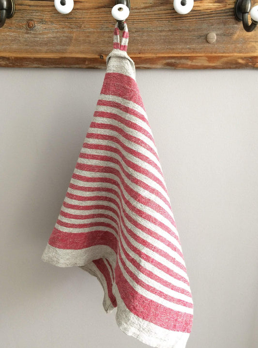 Vibrant poppy red linen towel with stripes