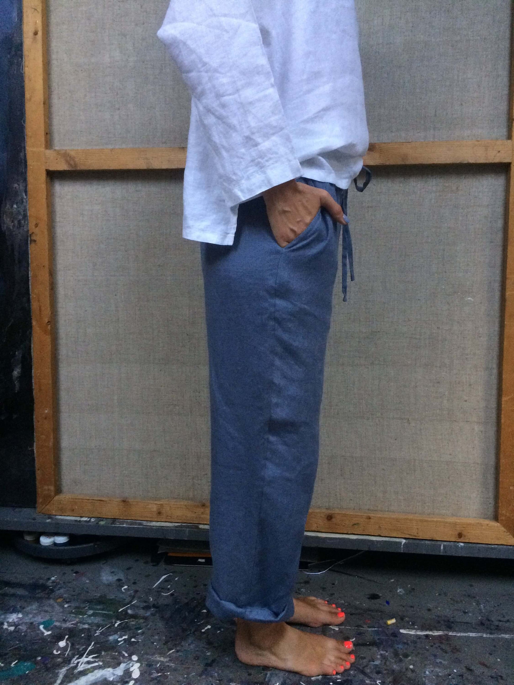 Stylish Dusty Blue Linen Pants with Tie Closure