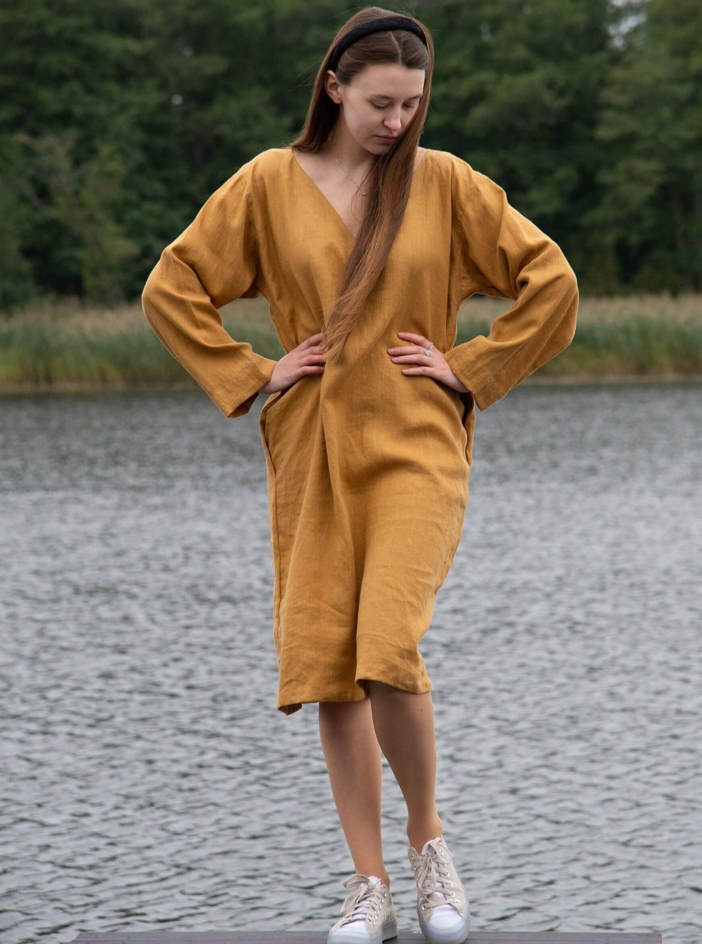 Full-length view of caramel-colored summer dress