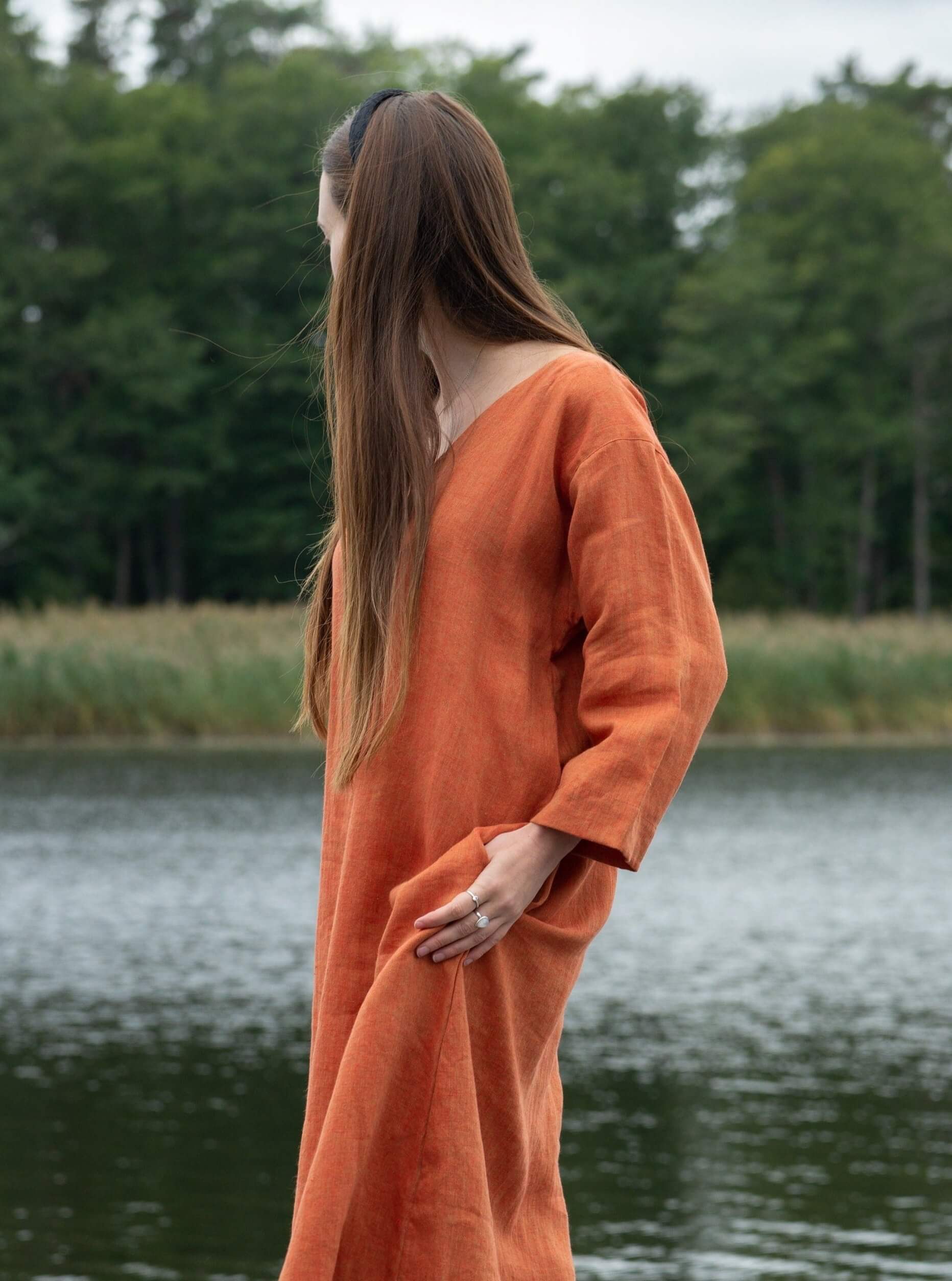 Detail of V-neck on Tunic Dress
