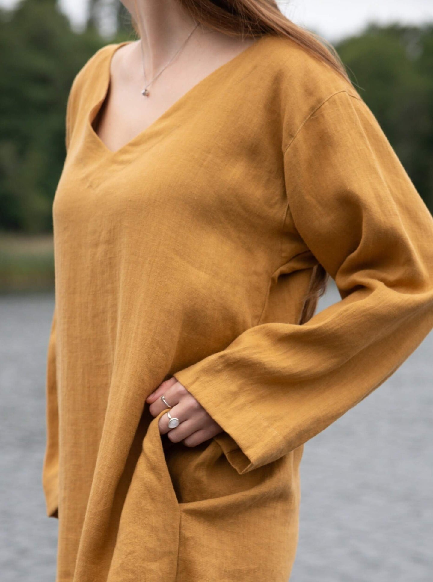 Full-length image of linen tunic dress, perfect for summer exploration.