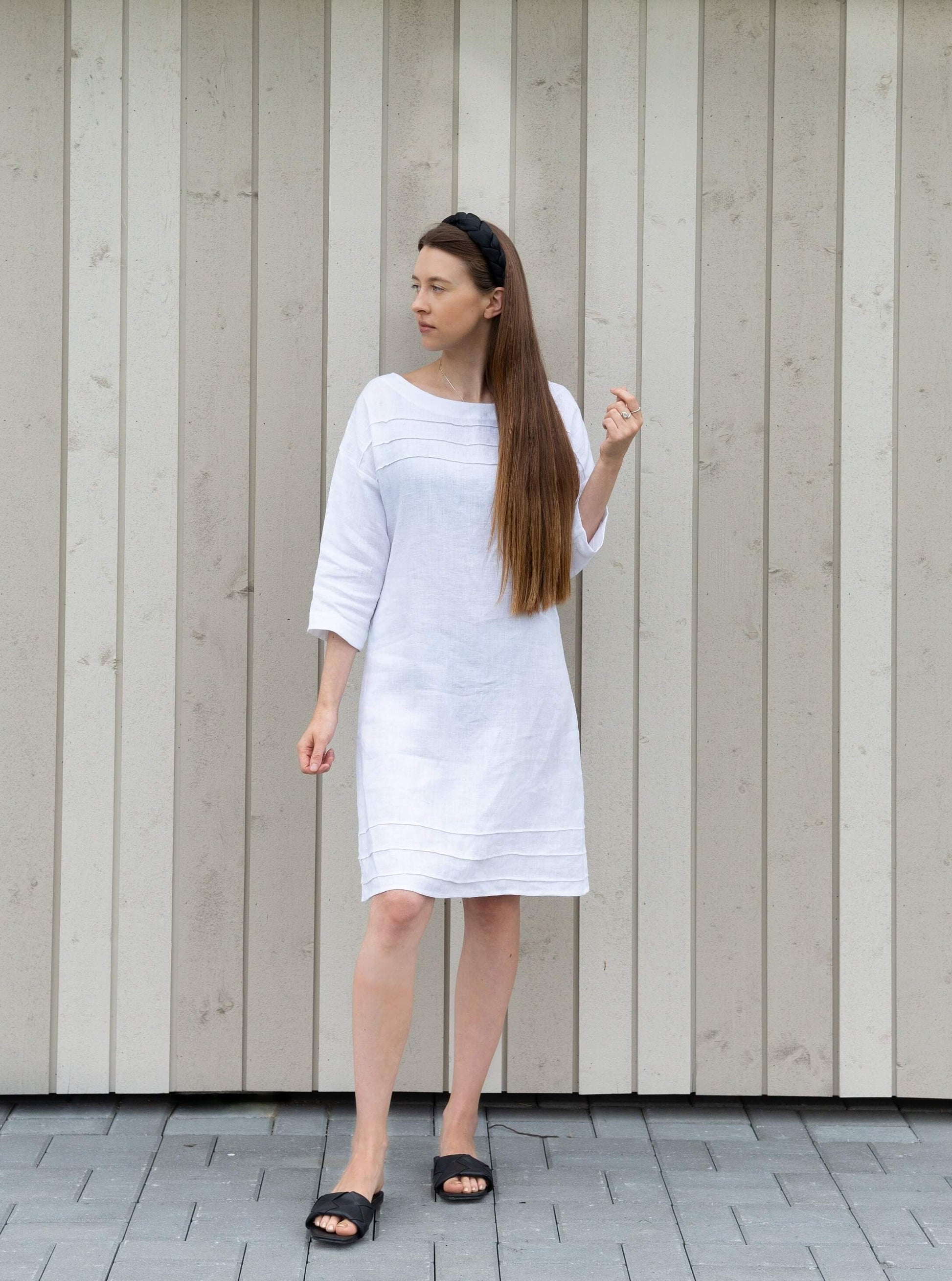 Elegant Linen Dress with 3/4 Sleeves Custom Fit Summer Wear | LinenStars Elegant Linen Dress with 3/4 Sleeves Custom Fit Summer Wear | LinenStars