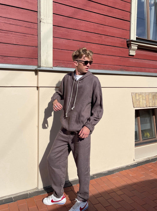 Casual linen hoodie and drawstring pants
