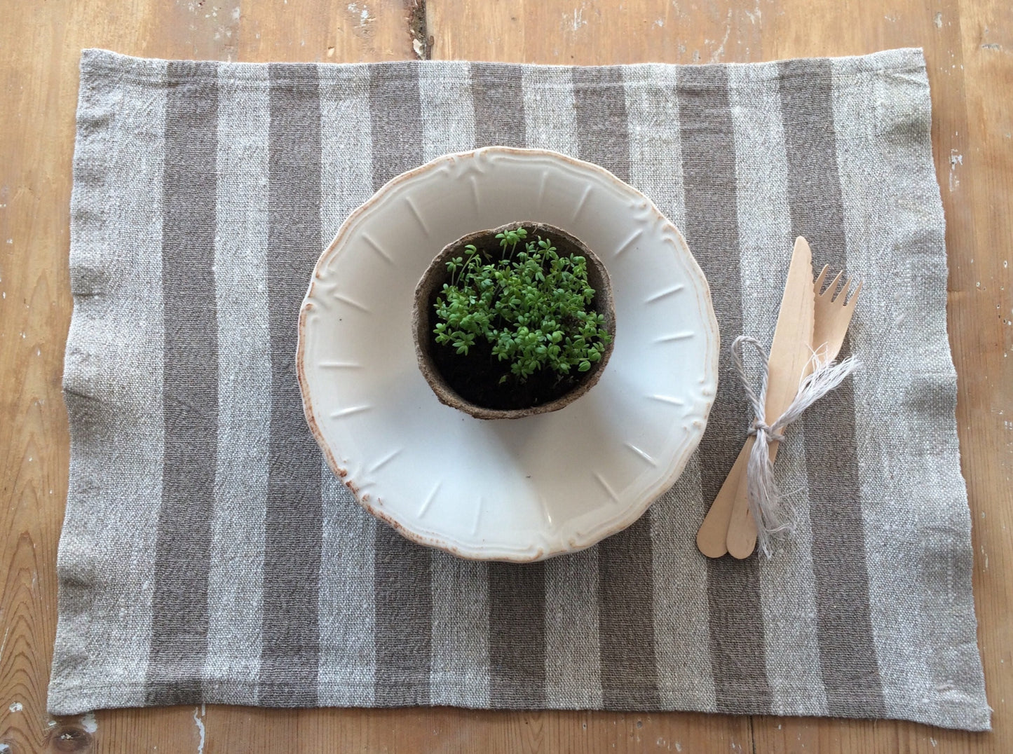 Natural Linen Placemats with Beige and Dark Beige Stripes
