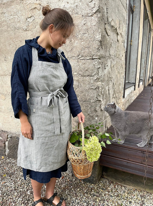 Adjustable Striped Linen Apron with Front Pocket