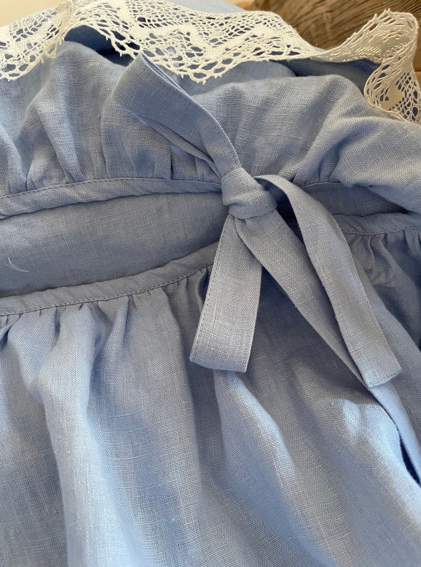 Sky Blue Linen Pillowcase with Lace Ruffles and Ties
