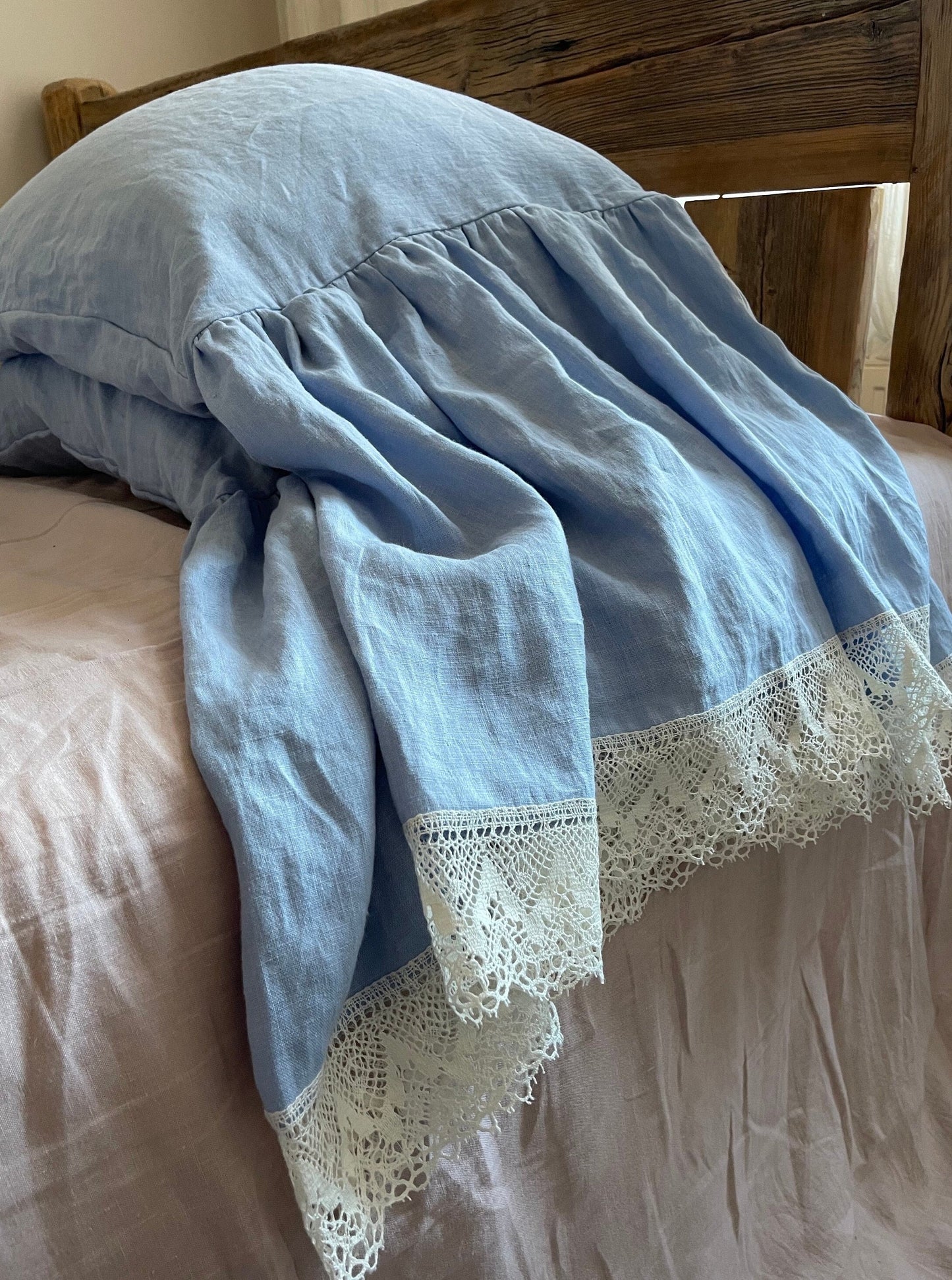 Sky Blue Linen Pillowcase with Lace Ruffles and Ties