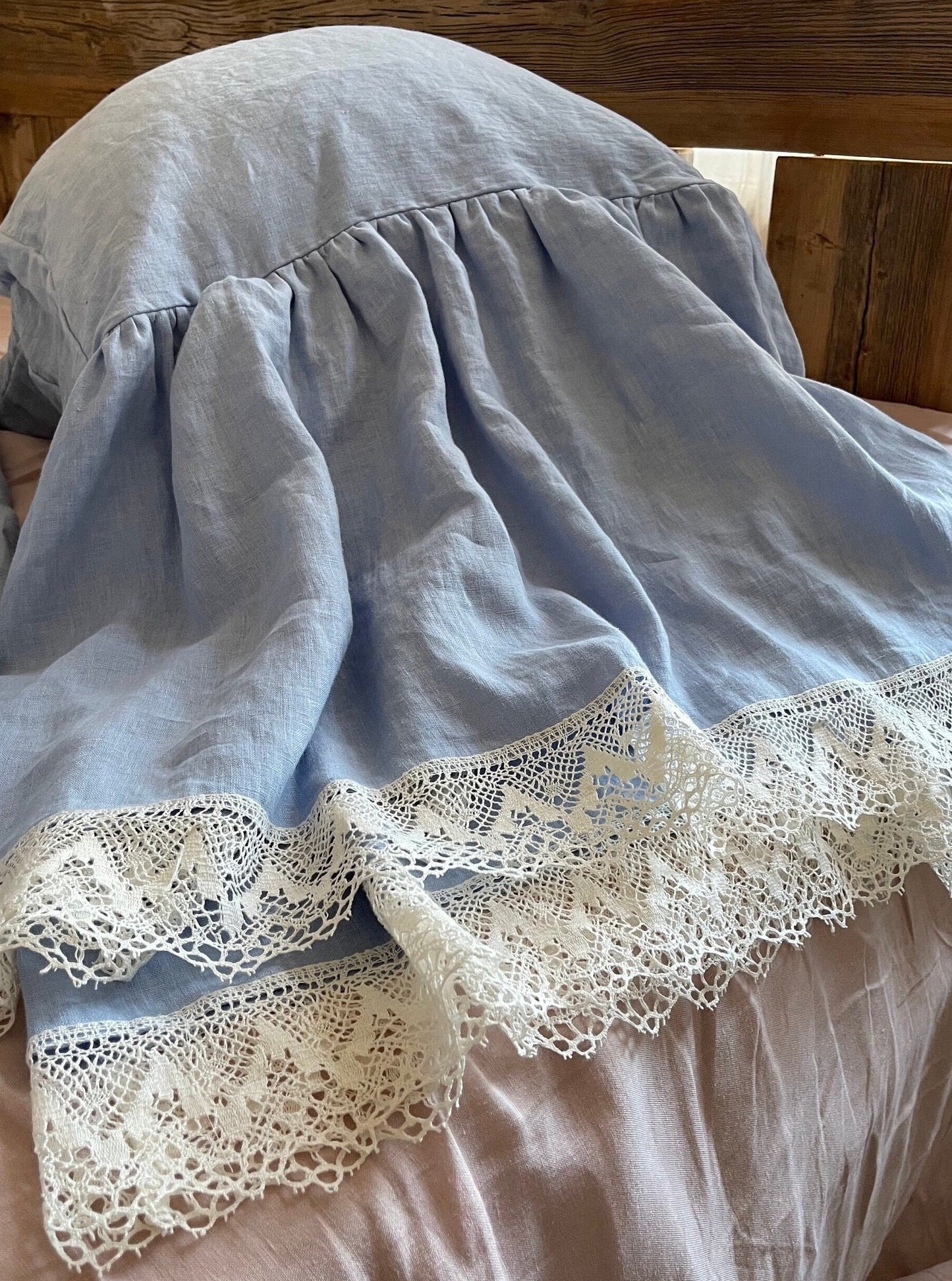 Sky Blue Linen Pillowcase with Lace Ruffles and Ties