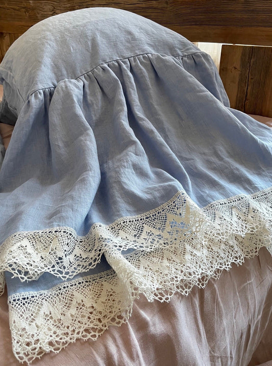 Sky Blue Linen Pillowcase with Lace Ruffles and Ties