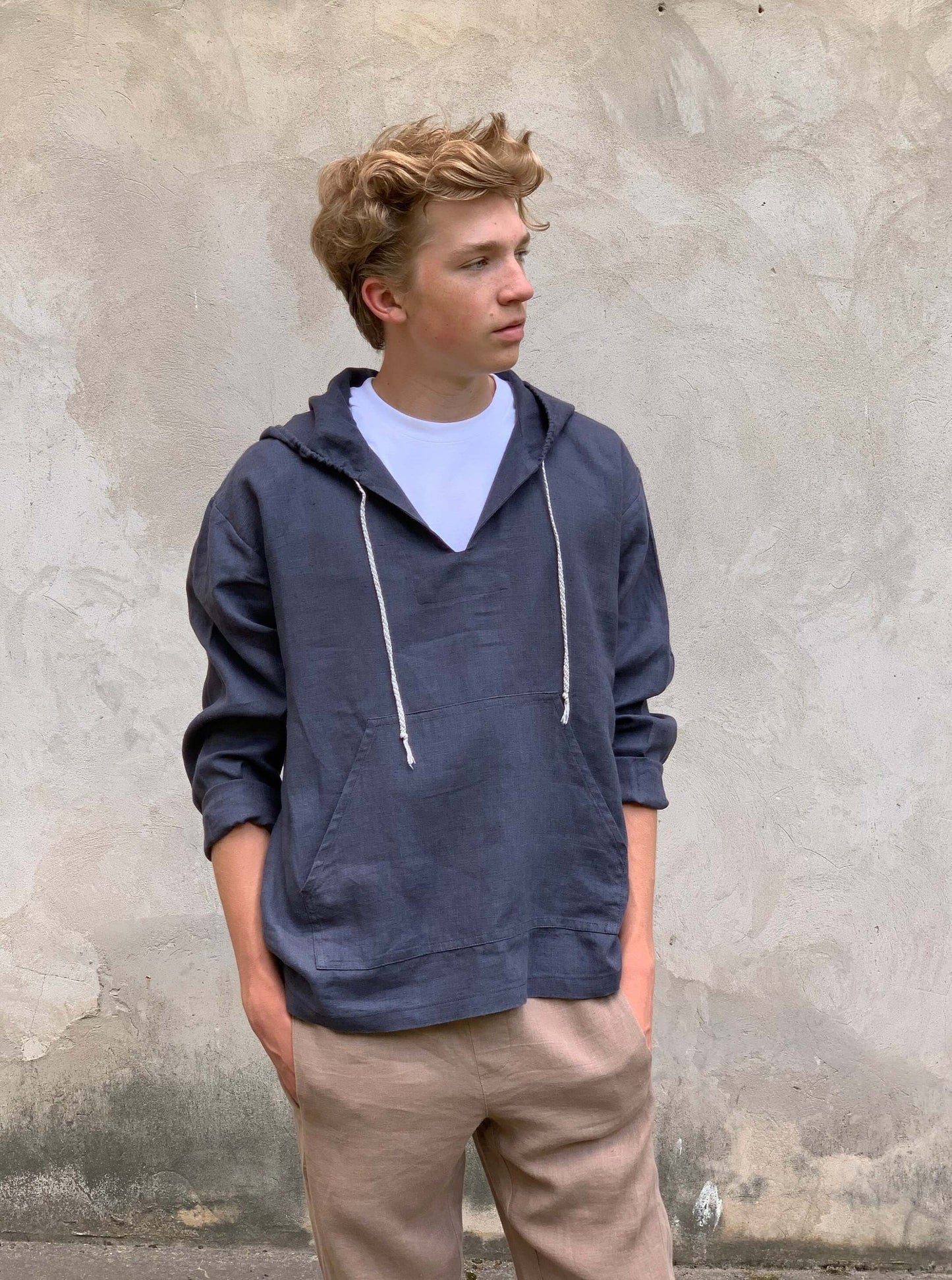 Men's Linen Hoodie with Front Pocket in Grayish Brown
