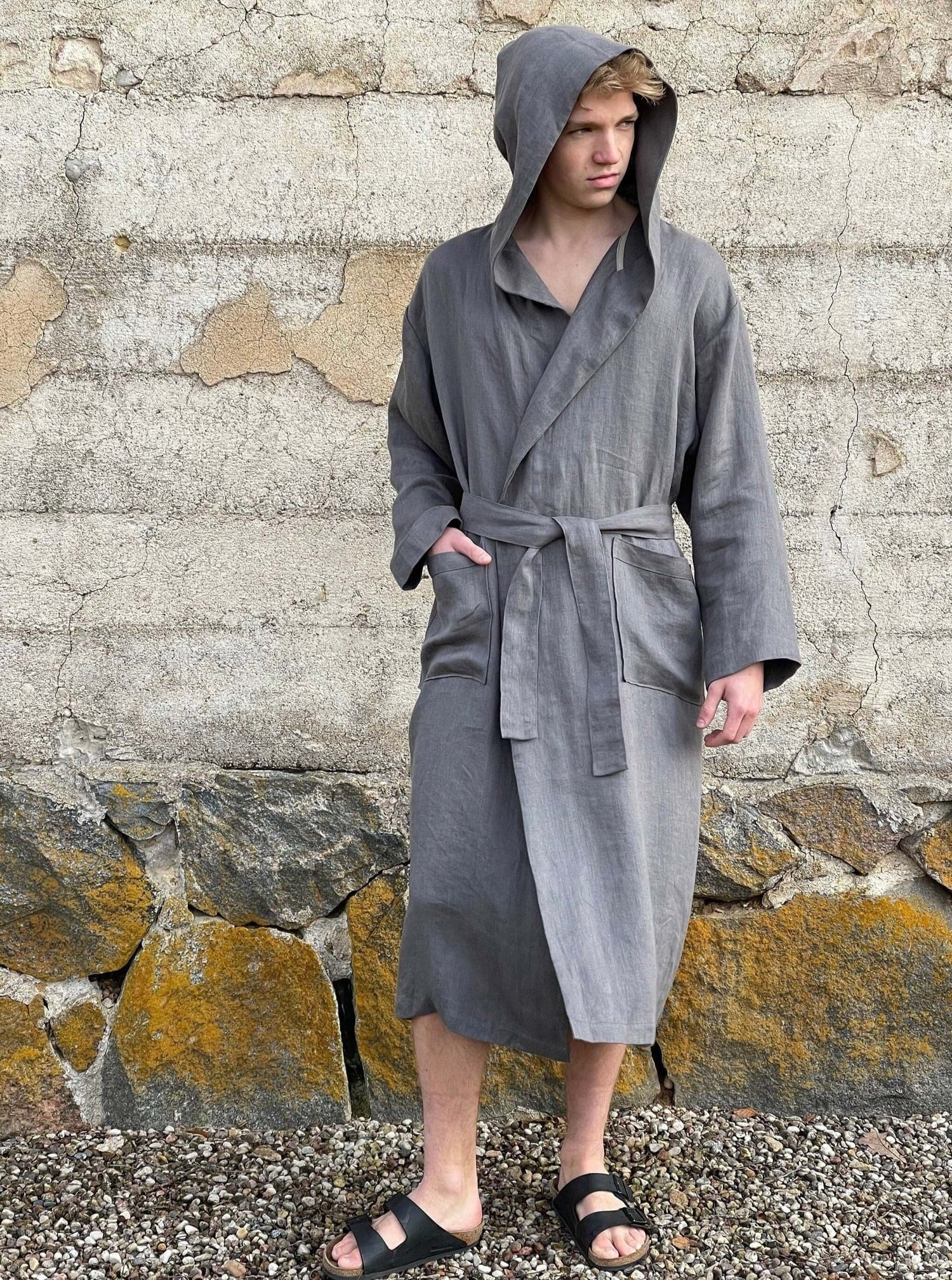 Mens Linen Robe With Hood Kimono