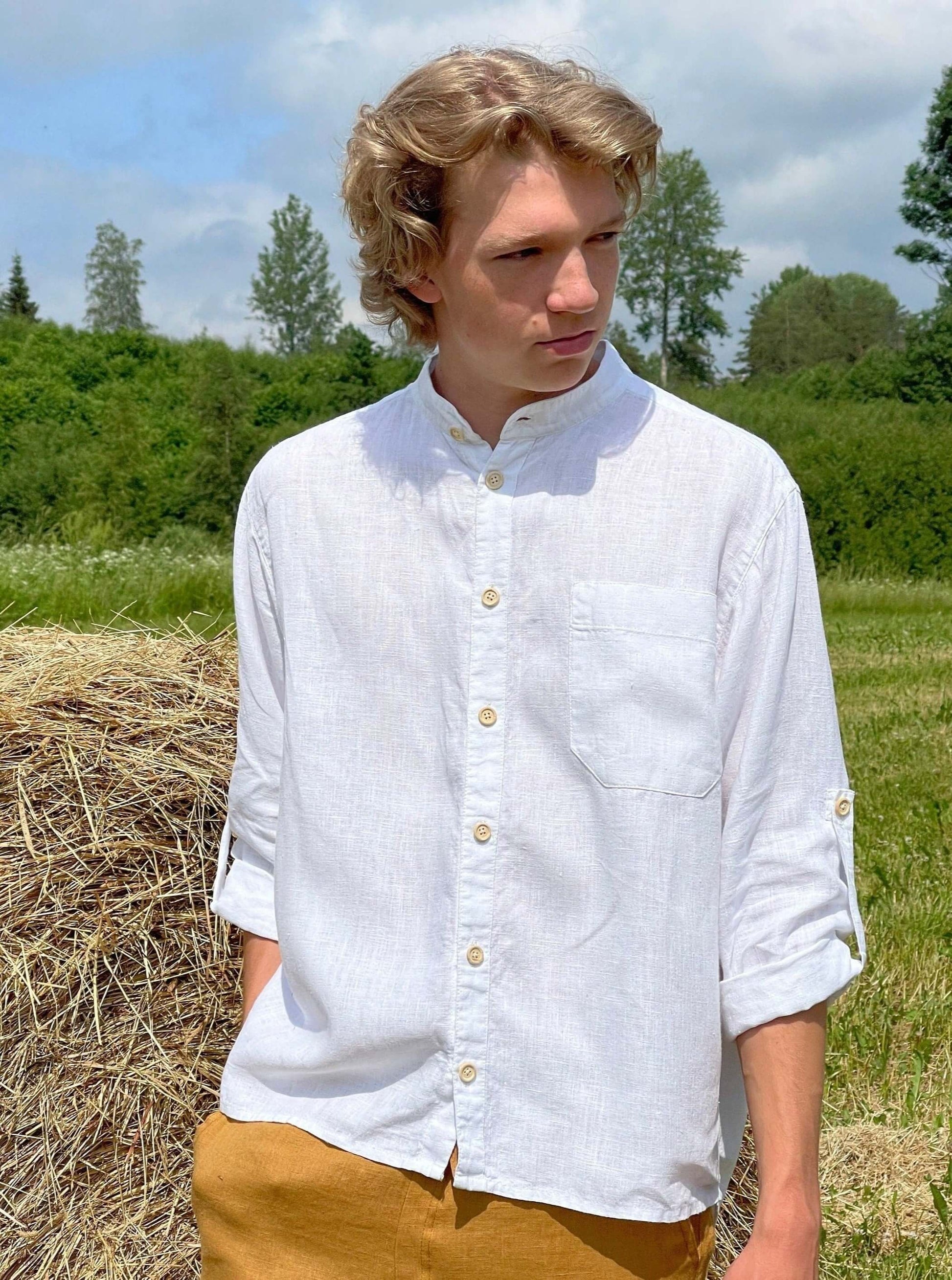Men's White Linen Shirt - Adjustable Sleeve, Stand-up Collar LinenStars Men's White Linen Shirt - Adjustable Sleeve, Stand-up Collar LinenStars