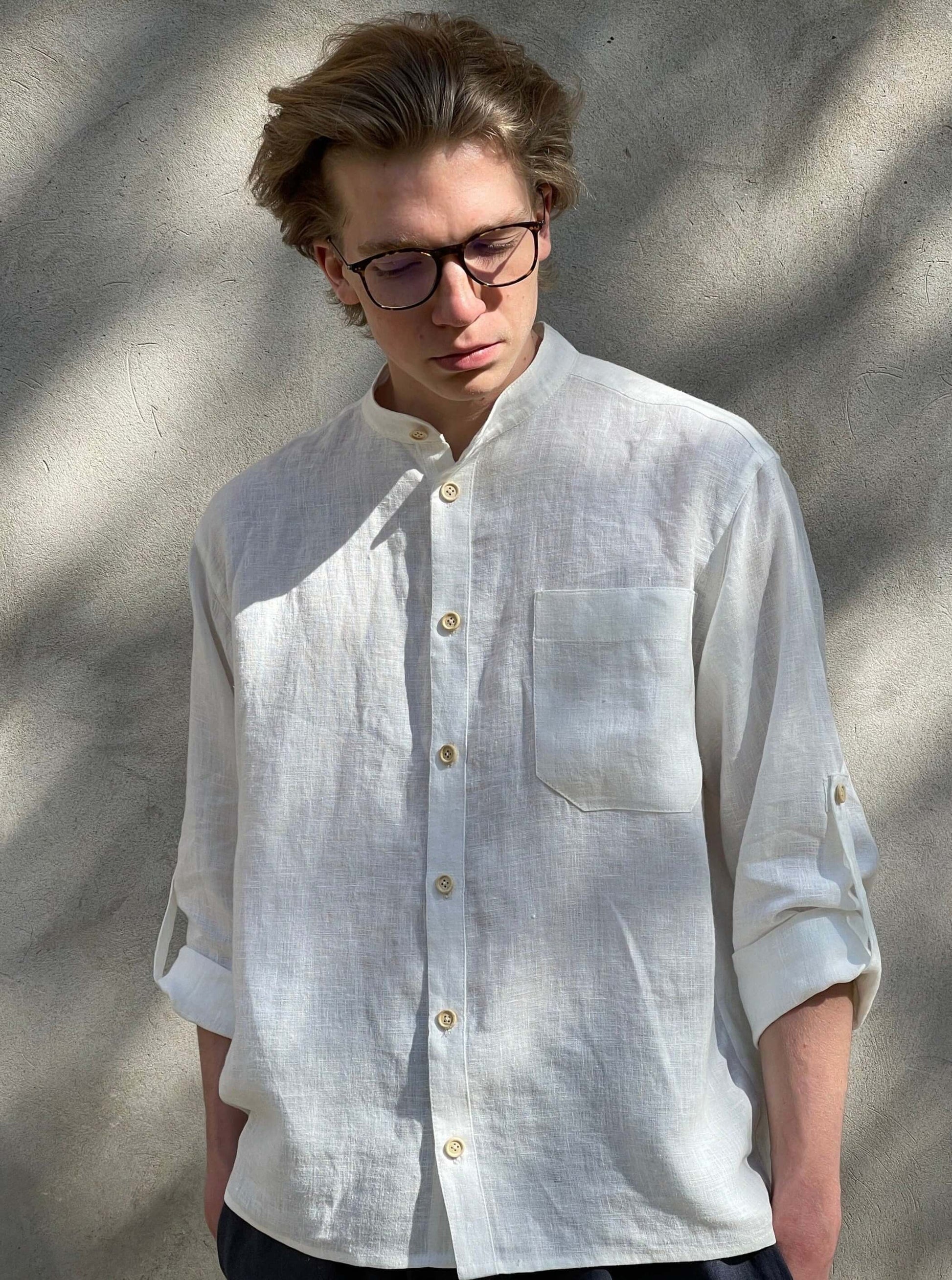 Men's White Linen Shirt - Adjustable Sleeve, Stand-up Collar LinenStars Men's White Linen Shirt - Adjustable Sleeve, Stand-up Collar LinenStars