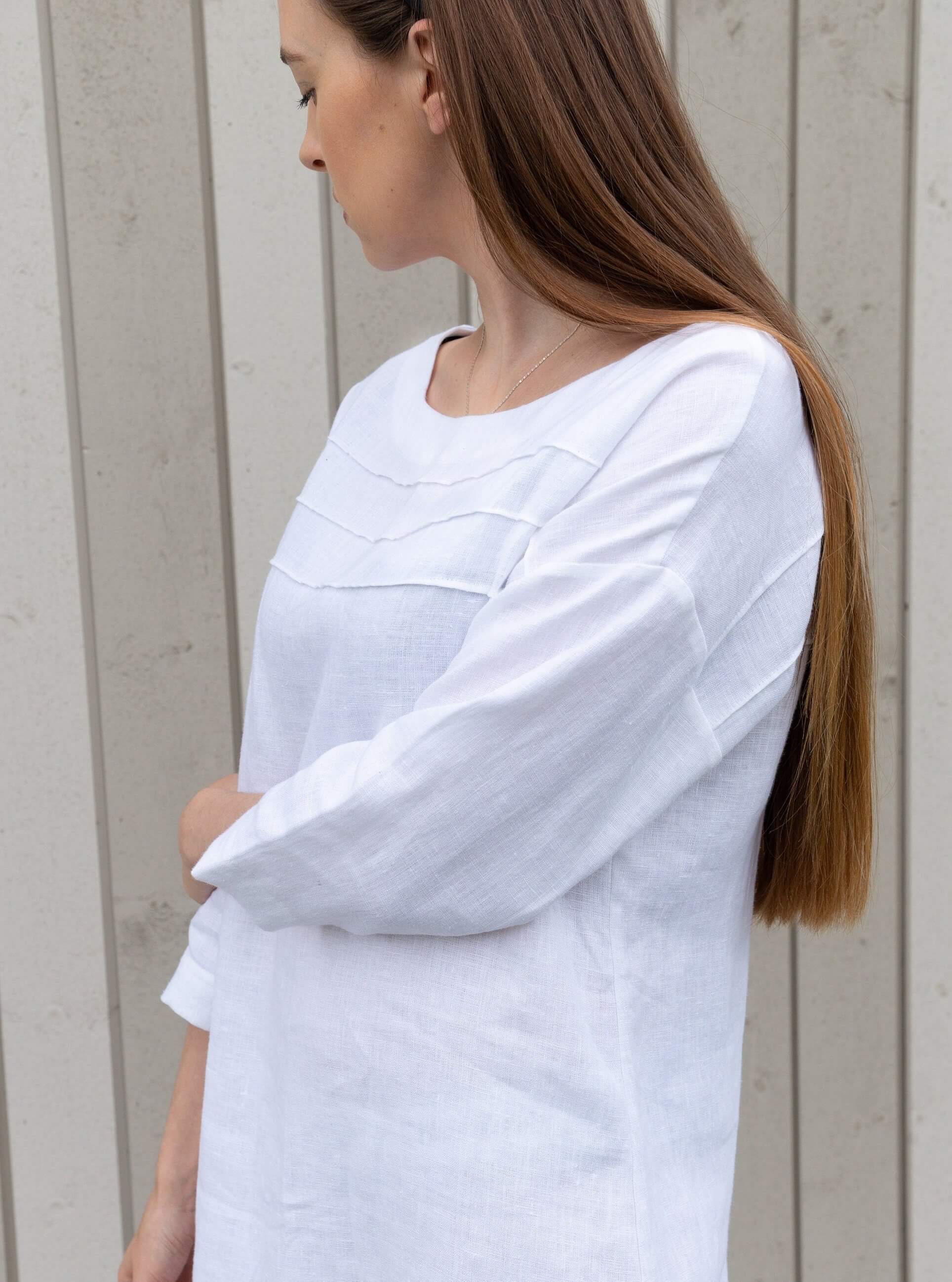 Elegant Linen Dress with 3/4 Sleeves Custom Fit Summer Wear | LinenStars Elegant Linen Dress with 3/4 Sleeves Custom Fit Summer Wear | LinenStars